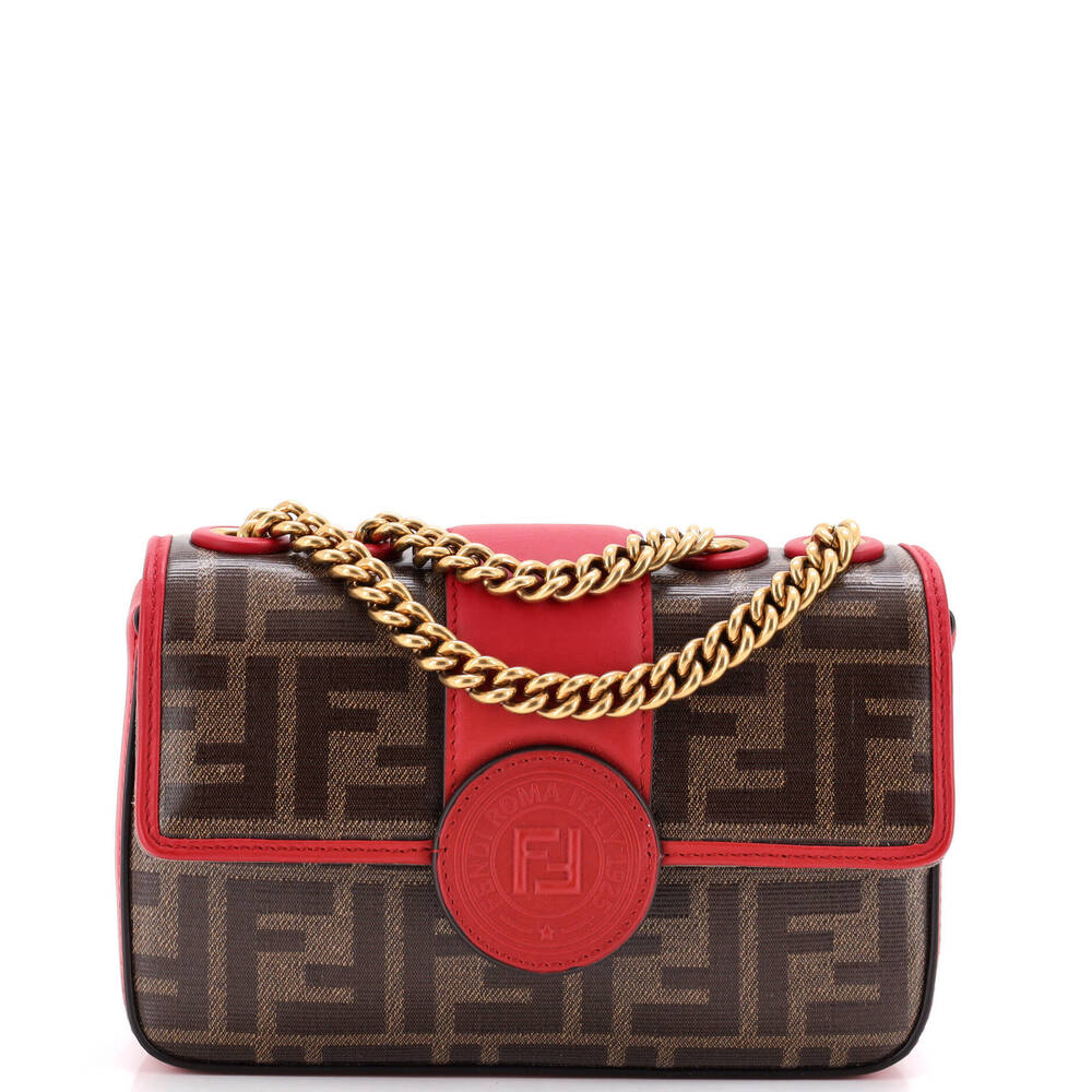 Fendi Mini FF Logo Stamp Flap Bag Zucca Coated Canvas with Leather